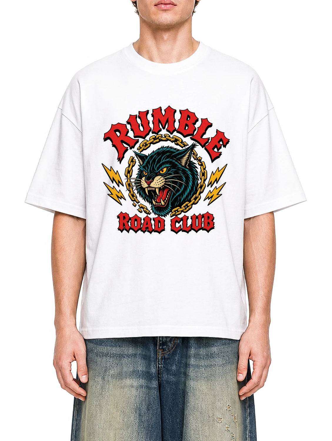 Rumble Road Club White graphic T-shirt on model, front view