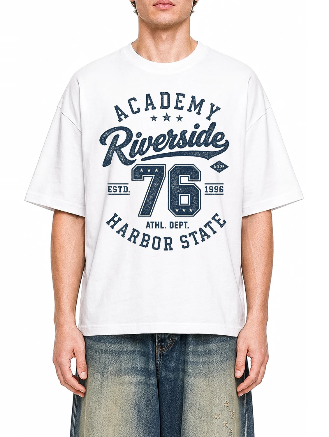 Riverside Academy White graphic T-shirt on model, front view