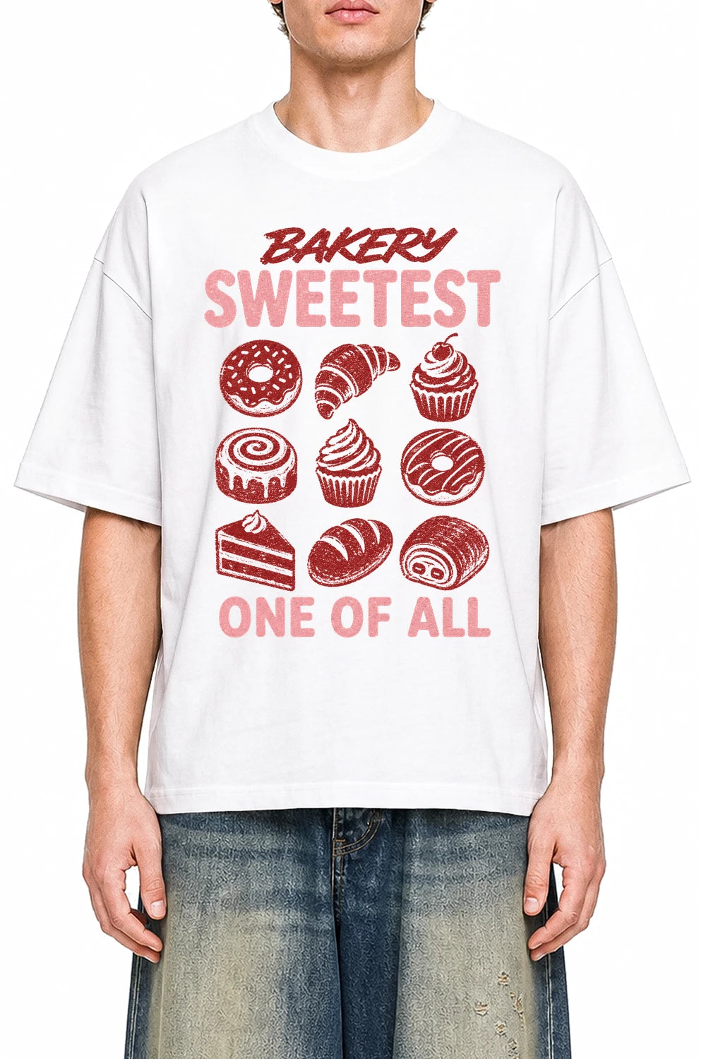 Bakery Sweetest White graphic T-shirt on model, front view