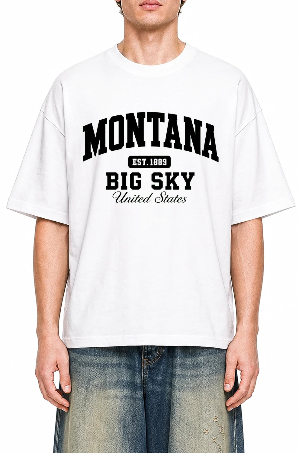 Montana Big Sky White graphic T-shirt on model, front view