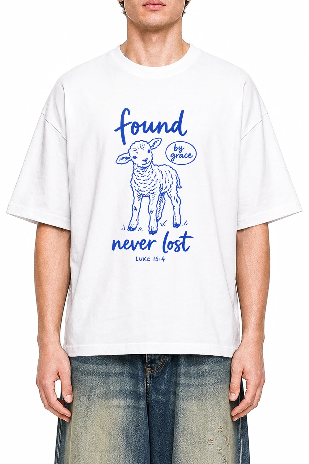 Found By Grace Lamb White graphic T-shirt on model, front view