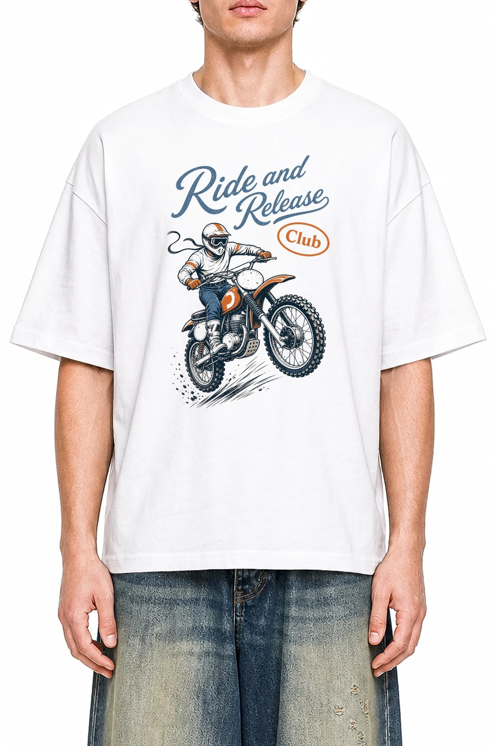 Ride And Release Club White graphic T-shirt on model, front view
