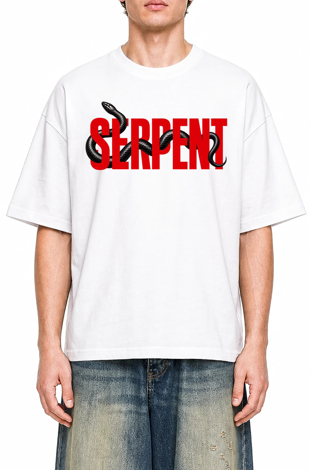 Serpent White graphic T-shirt on model, front view
