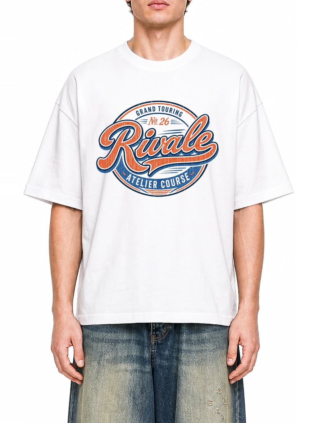 Rival Grand Touring White graphic T-shirt on model, front view
