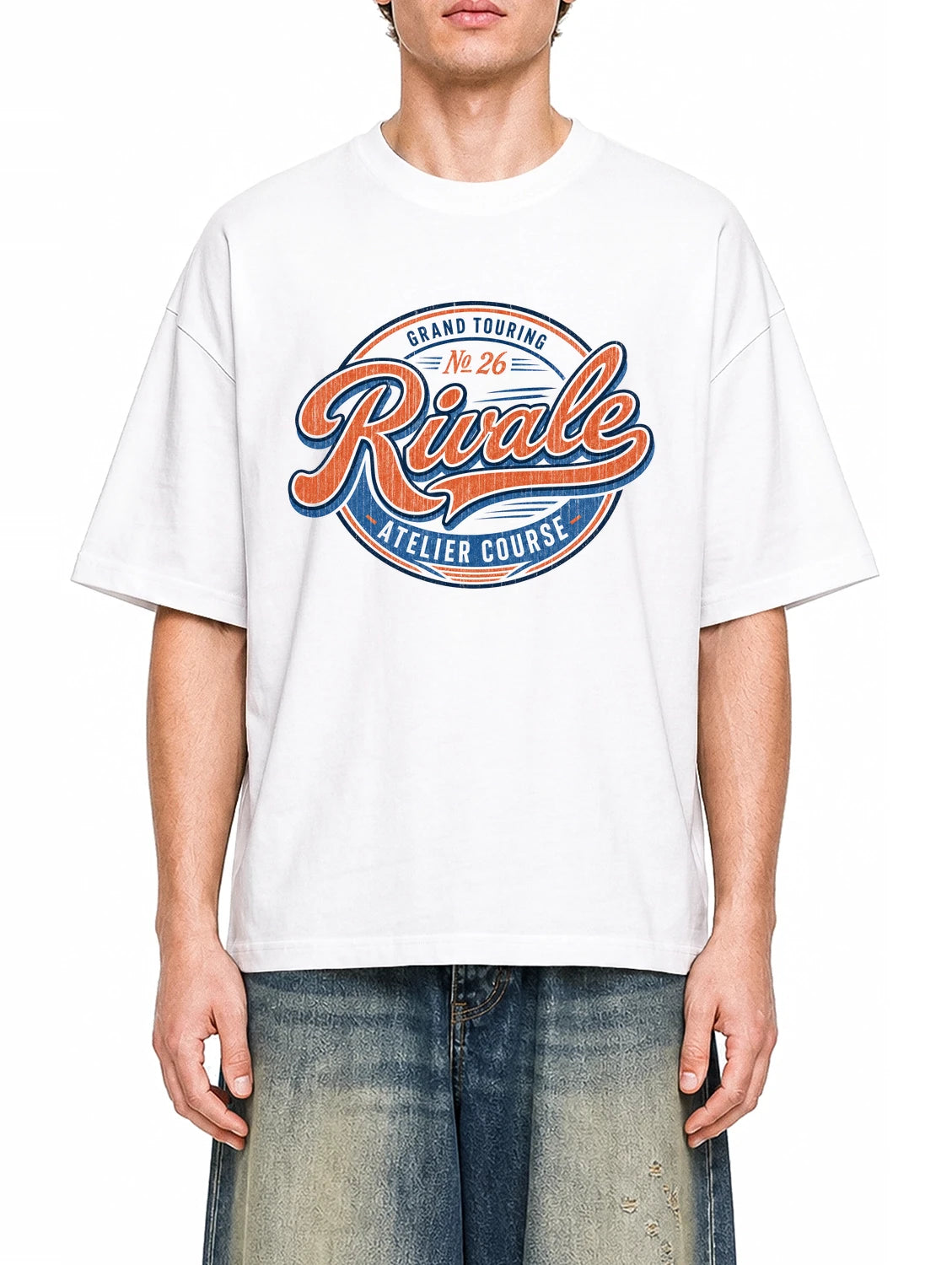 Rival Grand Touring White graphic T-shirt on model, front view