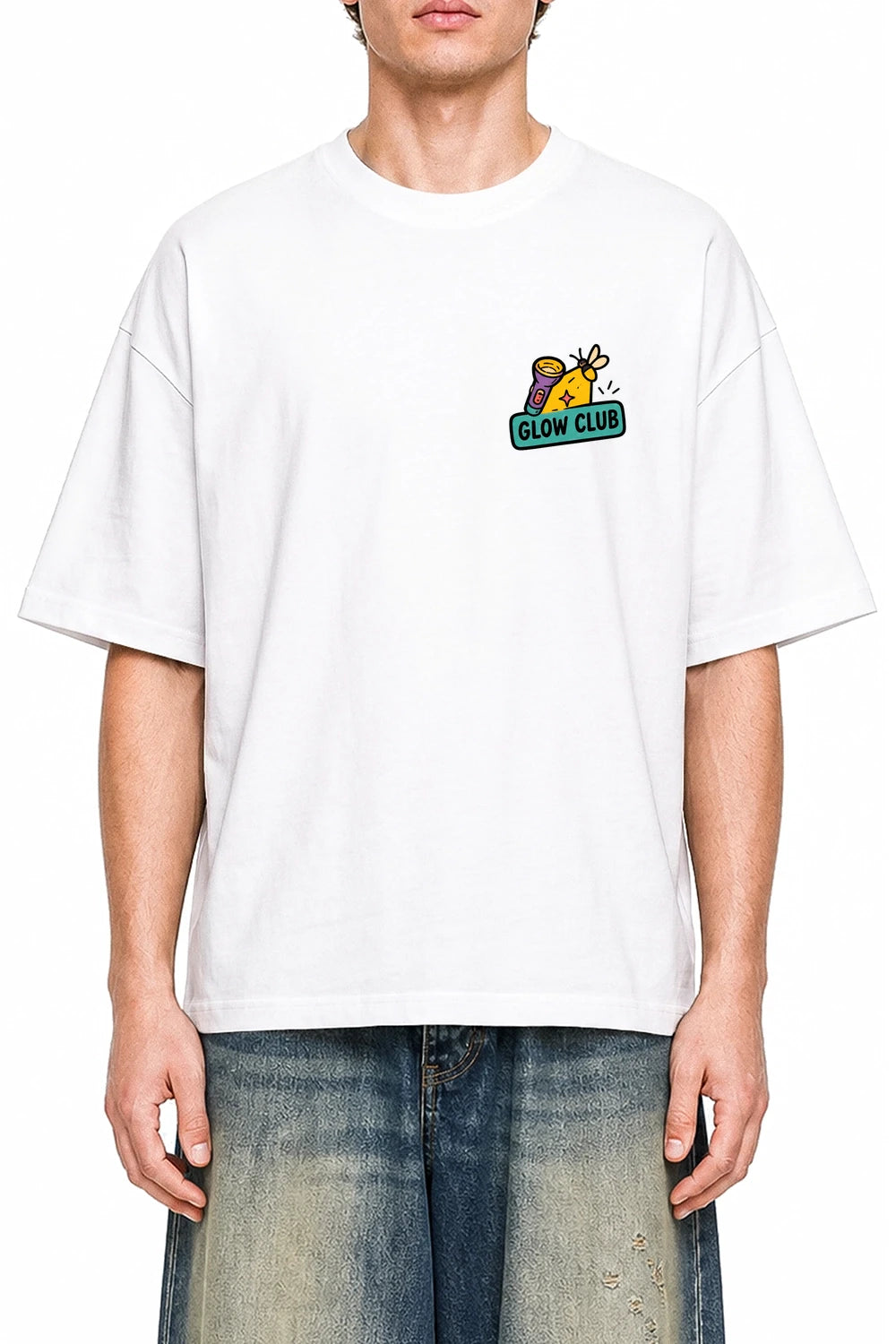 Night Glow Club White graphic T-shirt on model, front view