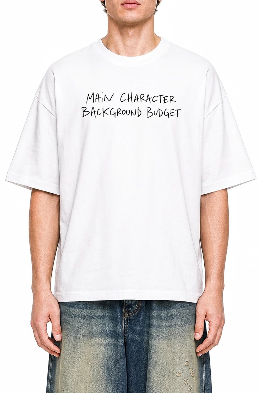 Main Character Background Budget White graphic T-shirt on model, front view