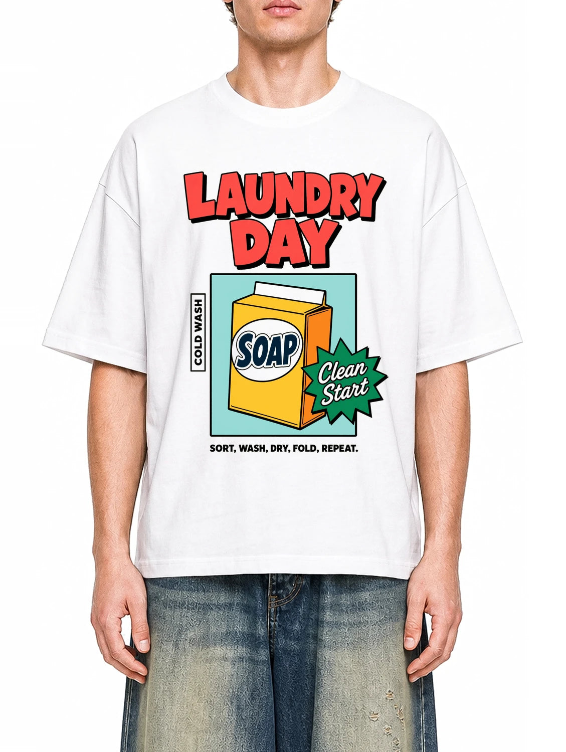 Laundry Day White graphic T-shirt on model, front view