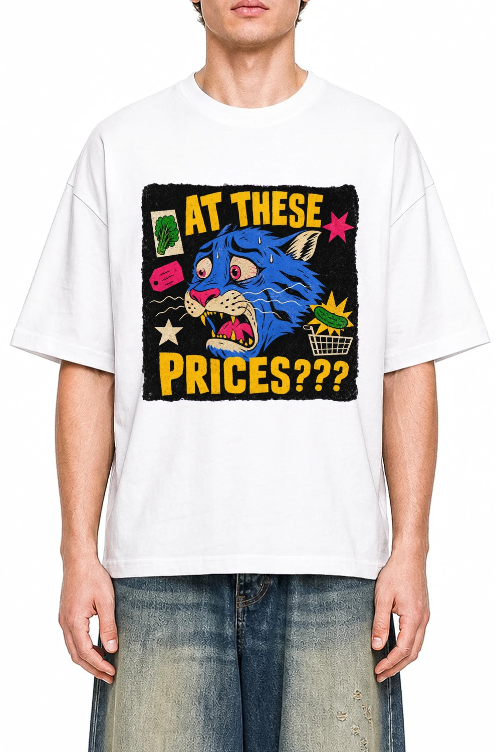At These Prices White graphic T-shirt on model, front view