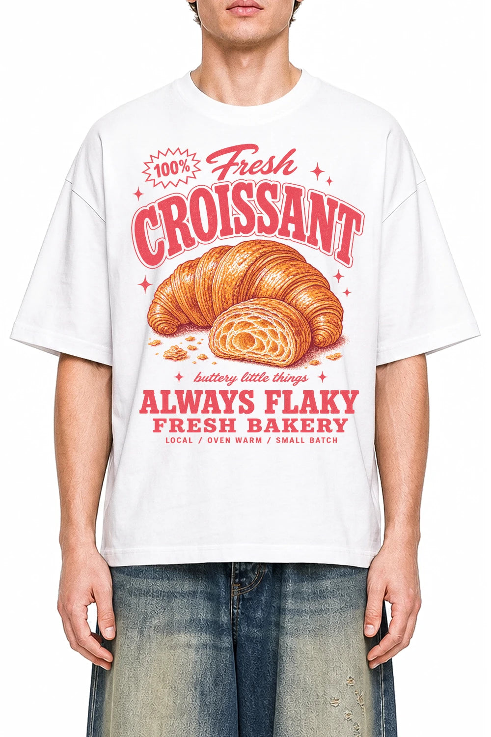 Fresh Croissant White graphic T-shirt on model, front view