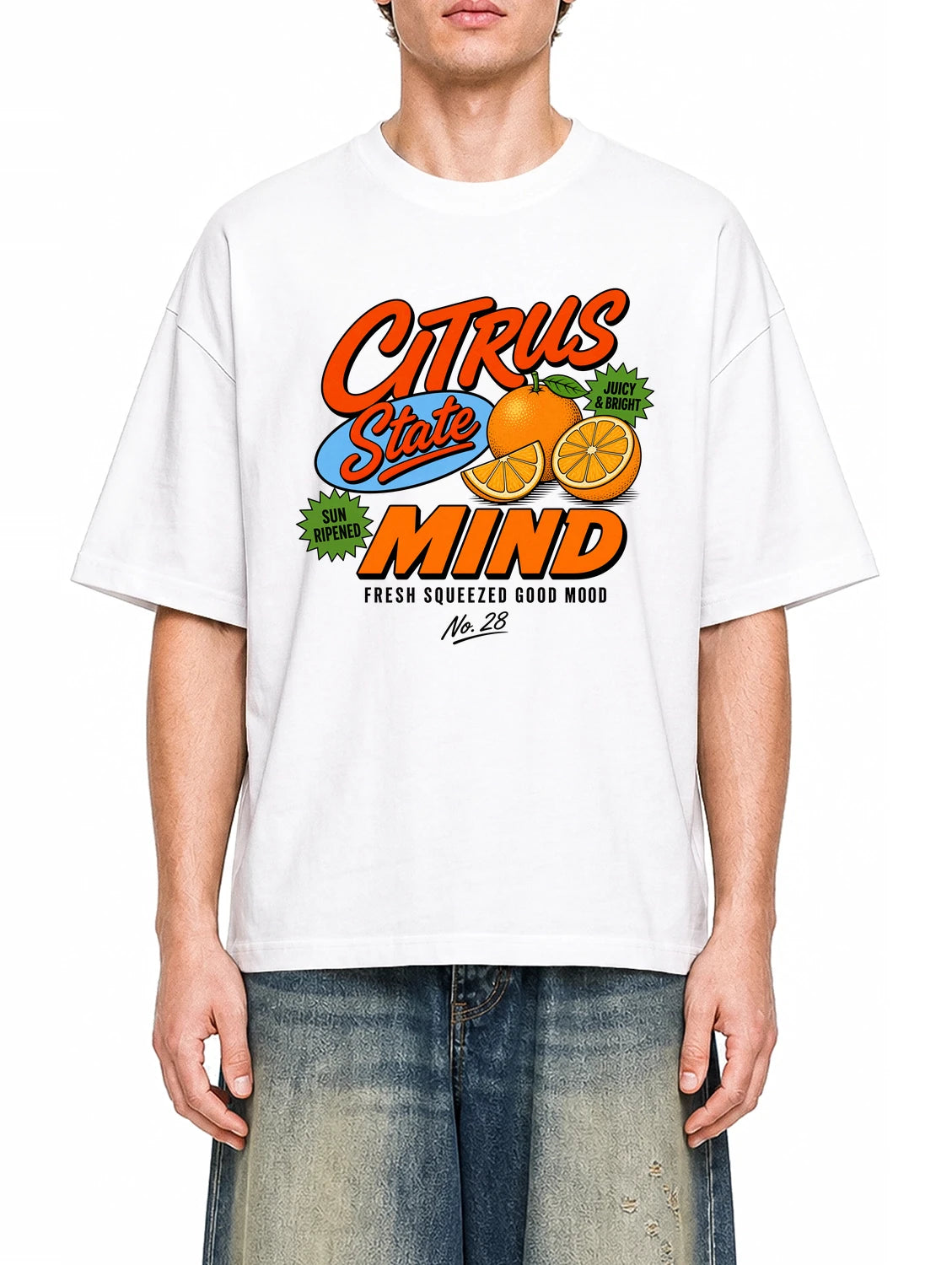 Citrus State Mind White graphic T-shirt on model, front view