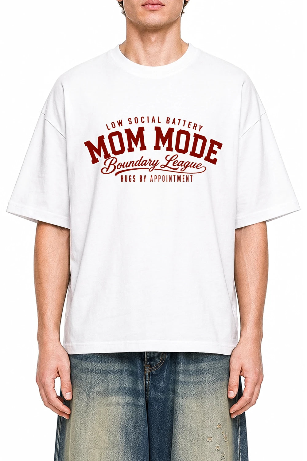 Mom Mode Boundary League White graphic T-shirt on model, front view