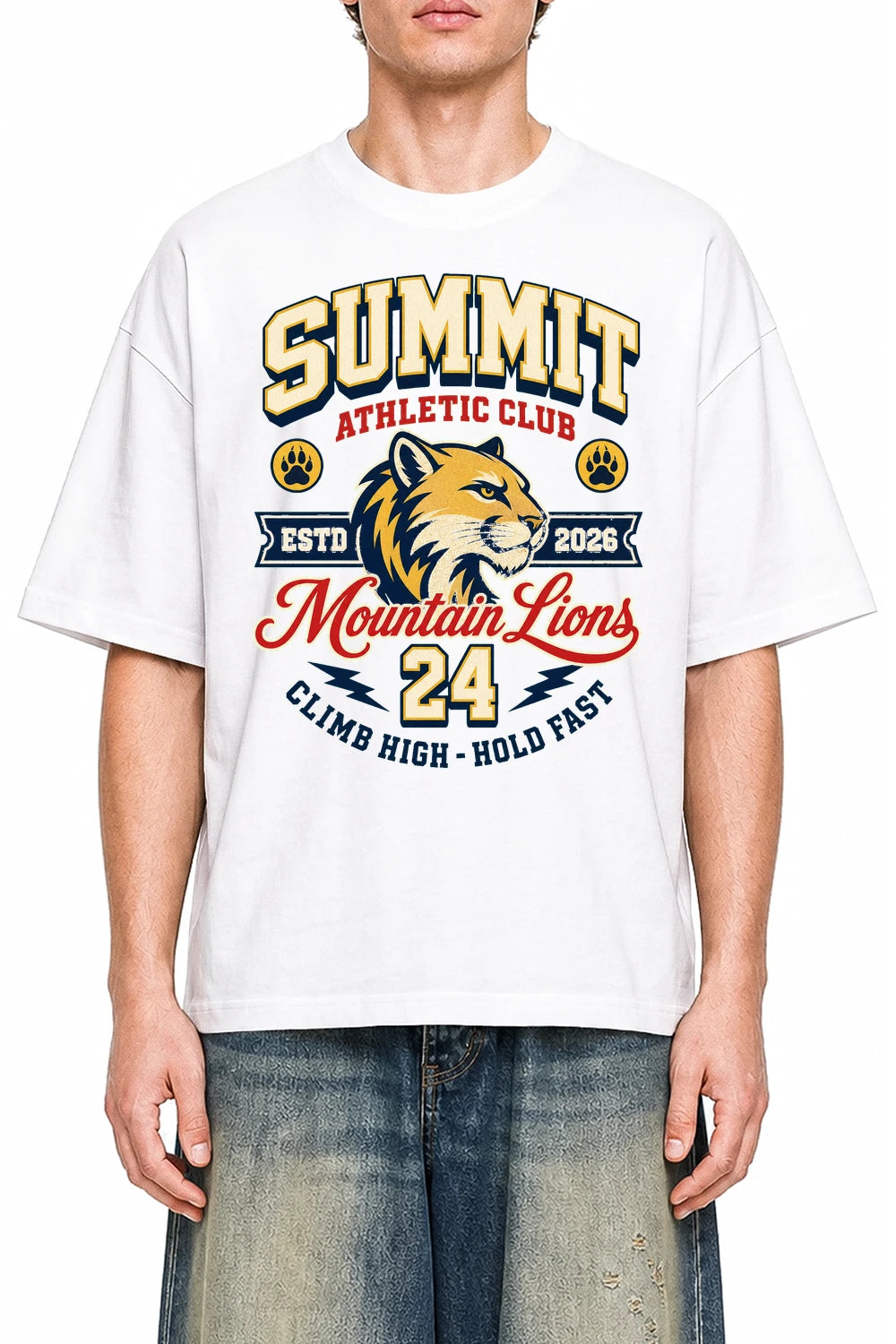 Summit Athletic Club White graphic T-shirt on model, front view