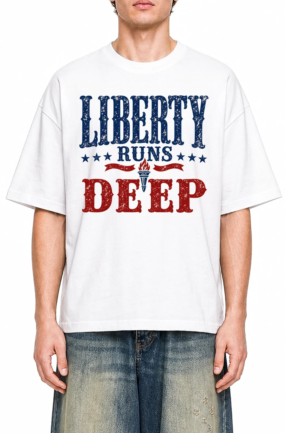 Liberty Runs Deep White graphic T-shirt on model, front view