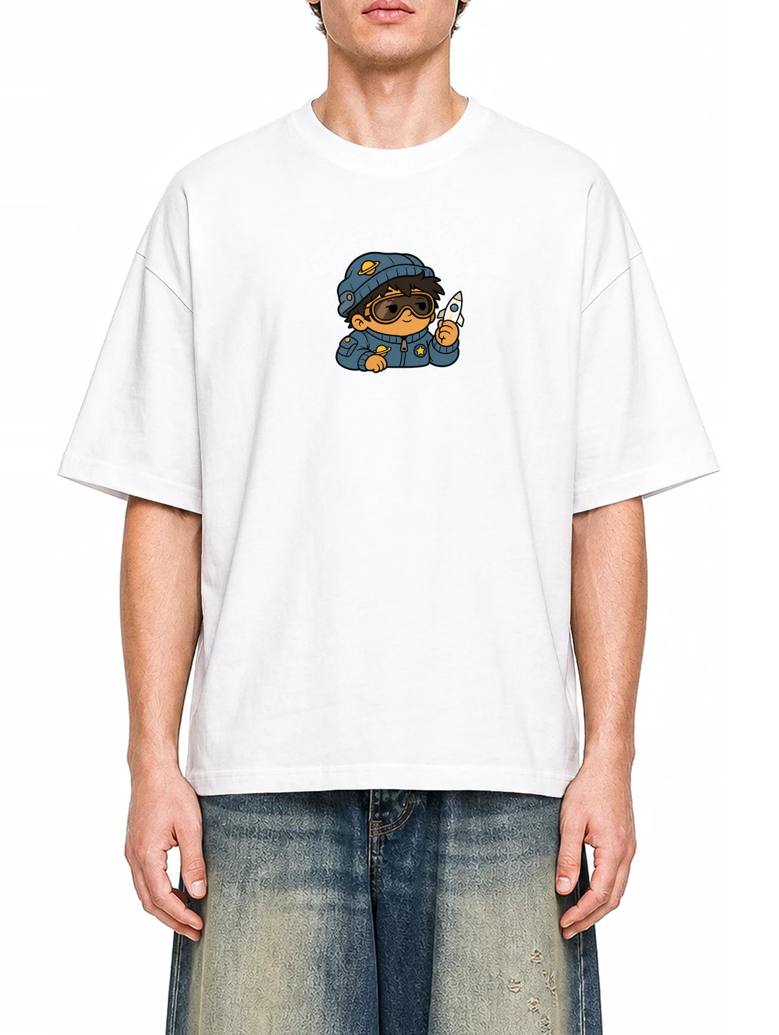 Pocket Orbit White graphic T-shirt on model, front view