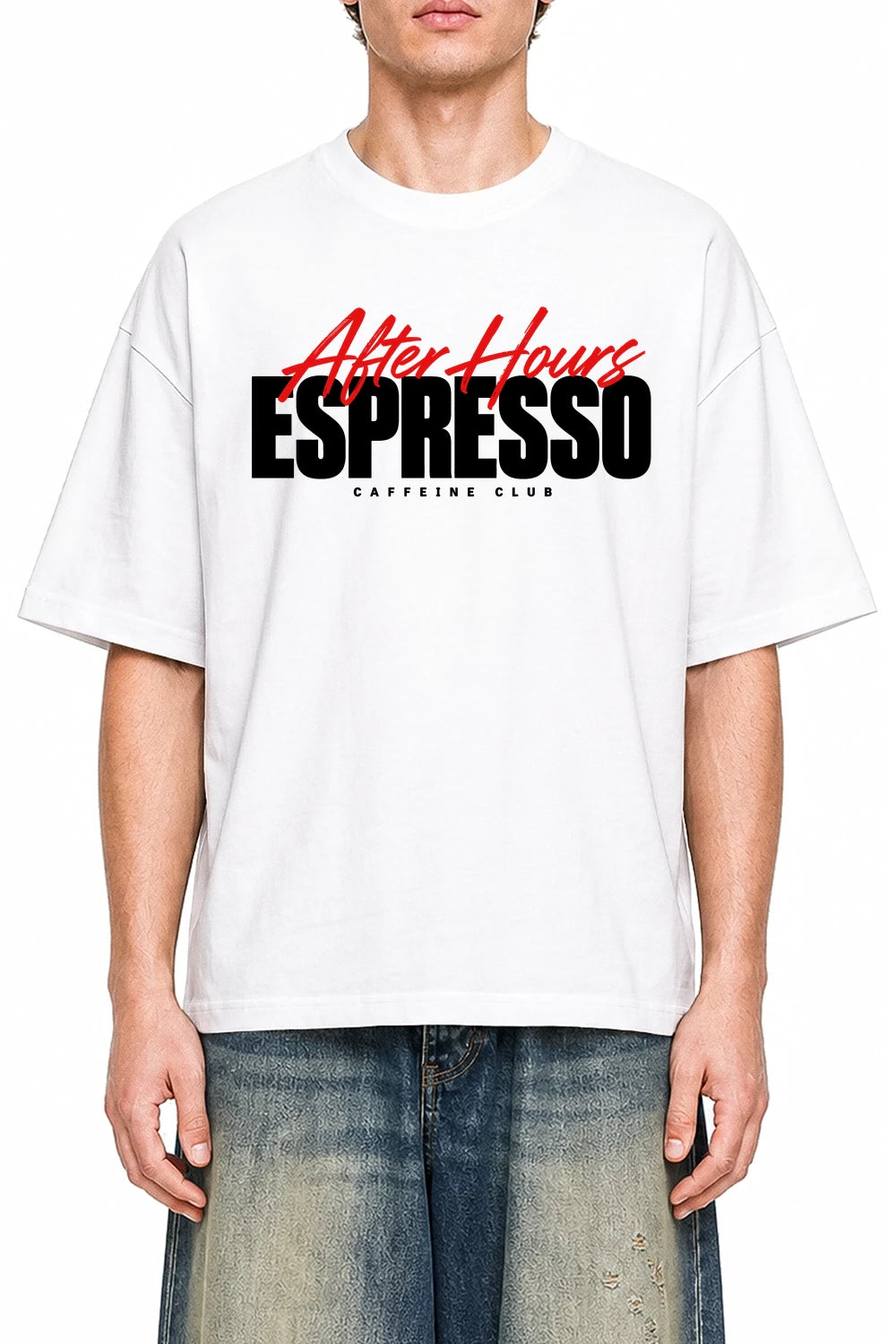 Espresso After Hours White graphic T-shirt on model, front view