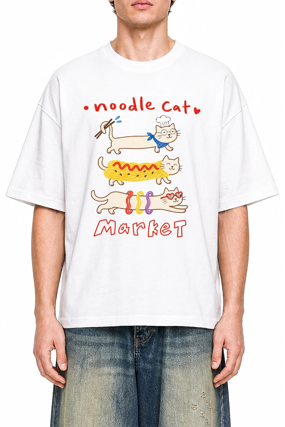 Noodle Cat Market White graphic T-shirt on model, front view