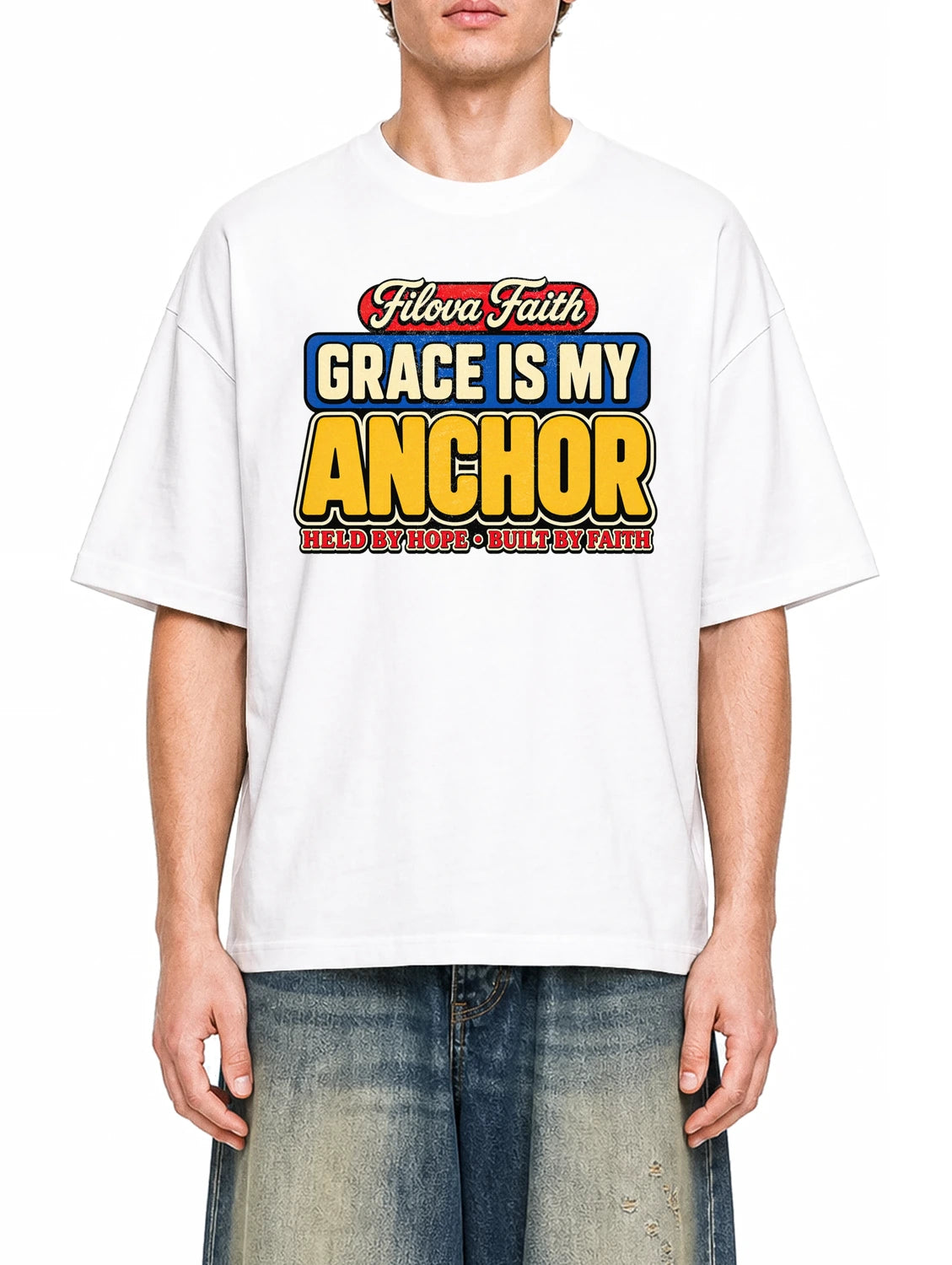 Filova Faith - Grace Is My Anchor White graphic T-shirt on model, front view