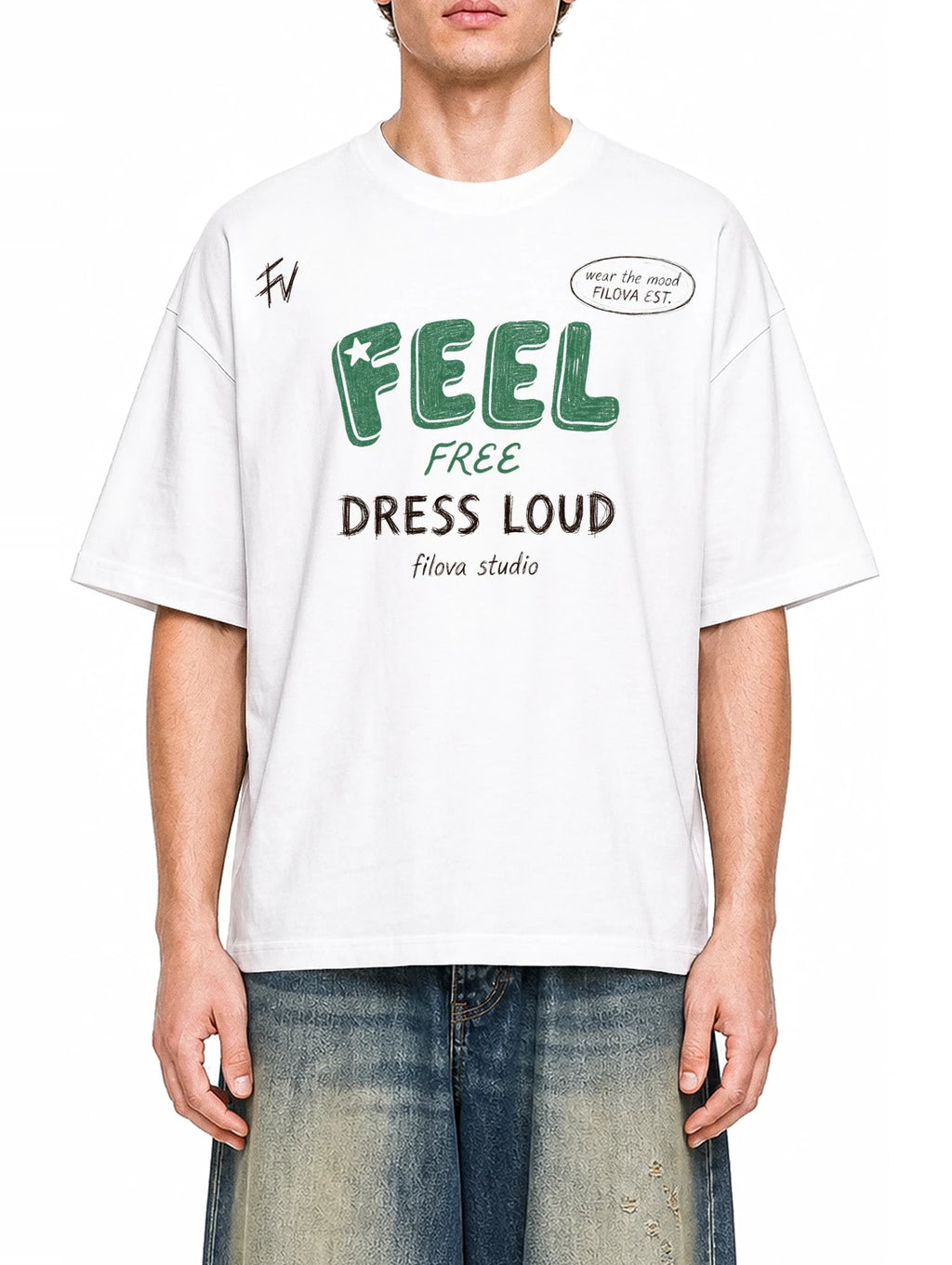 Feel Free Dress Loud White graphic T-shirt on model, front view
