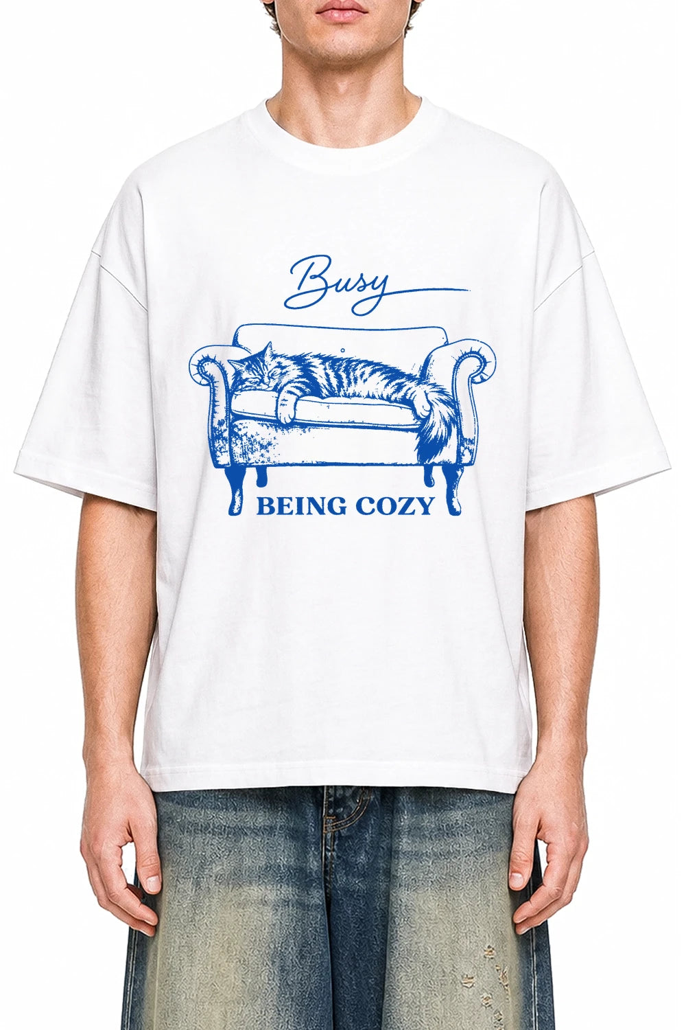 Busy Being Cozy White graphic T-shirt on model, front view