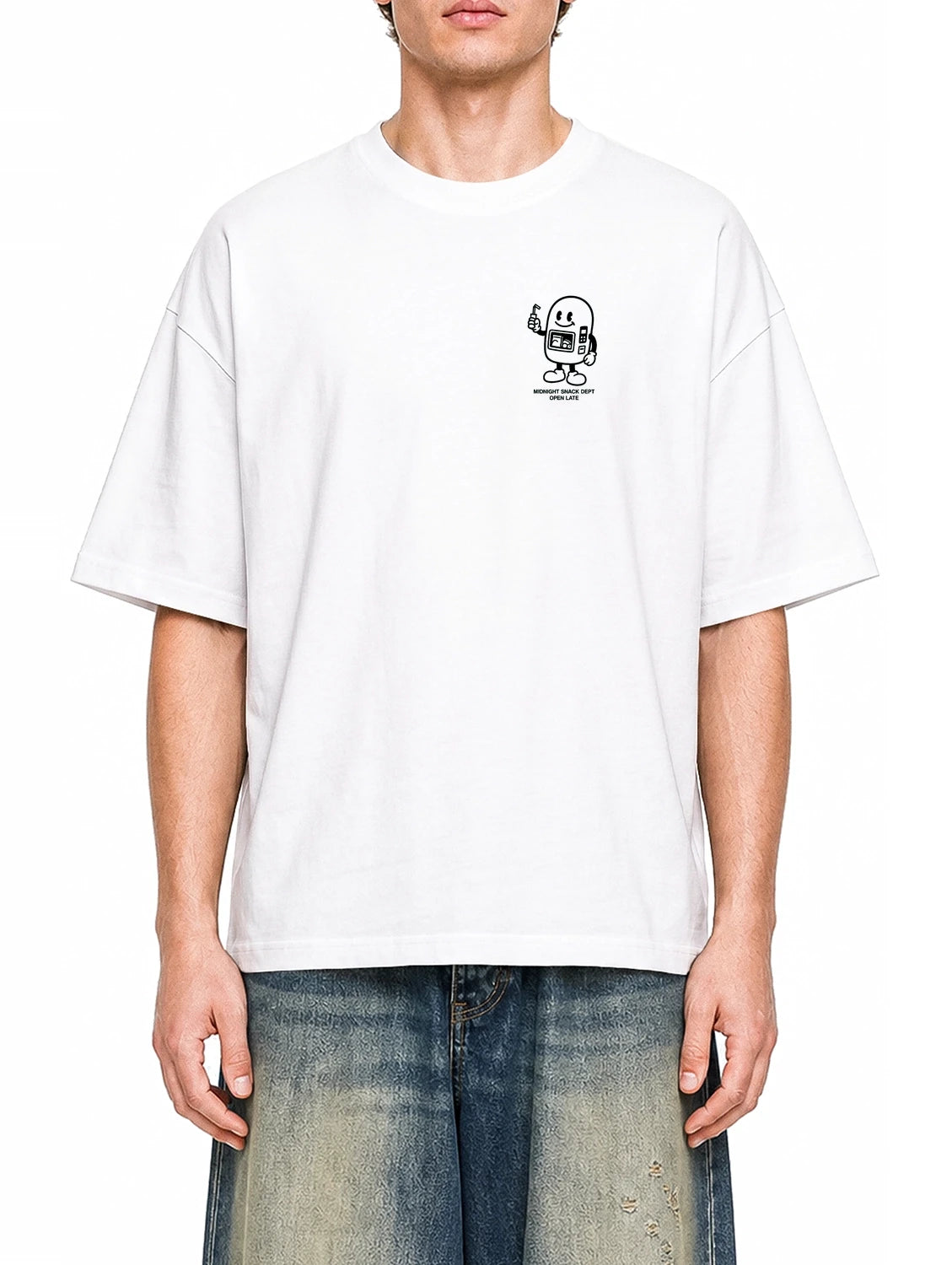 Midnight Snack Dept White graphic T-shirt on model, front view