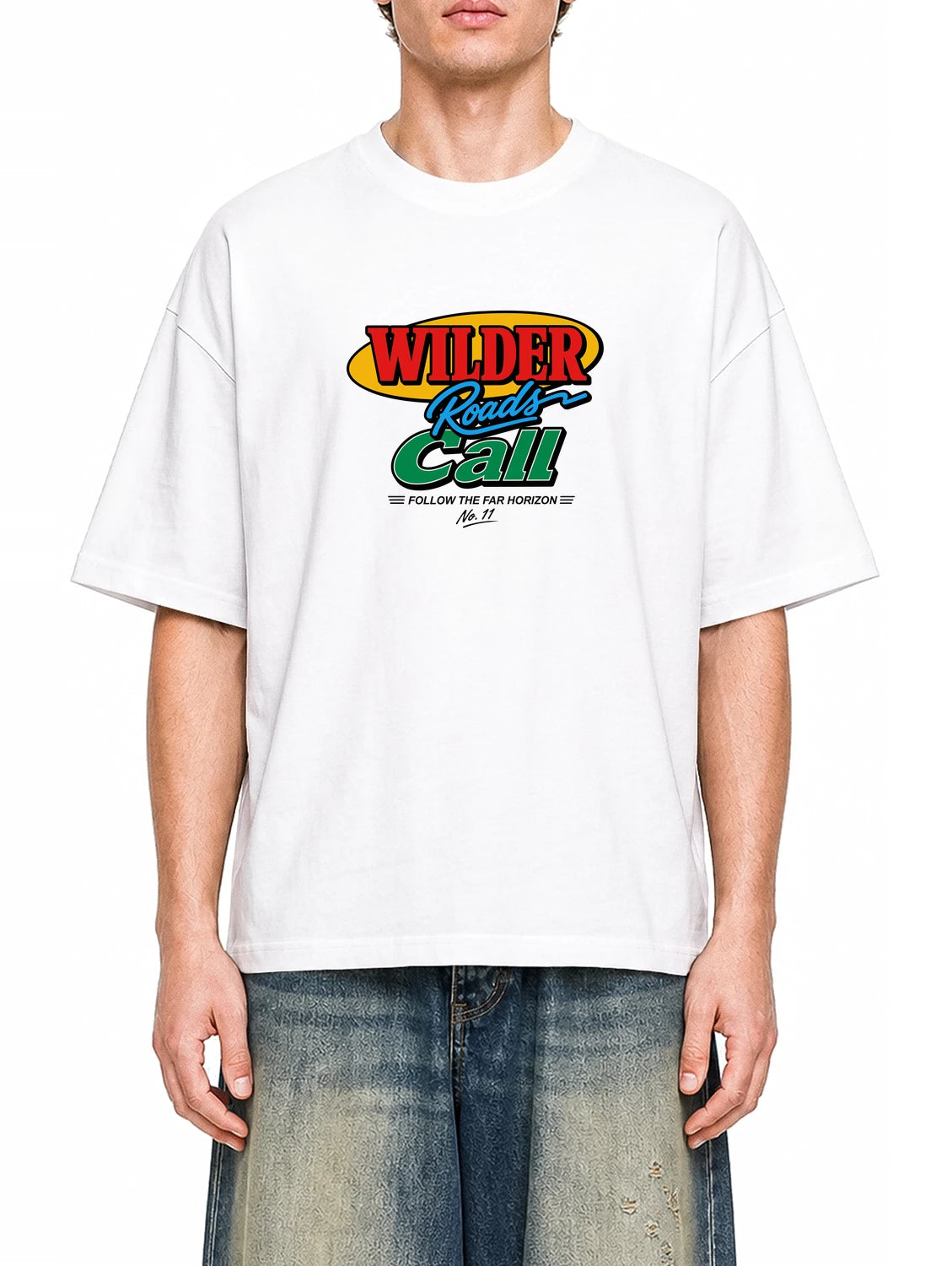 Wilder Roads Call White graphic T-shirt on model, front view