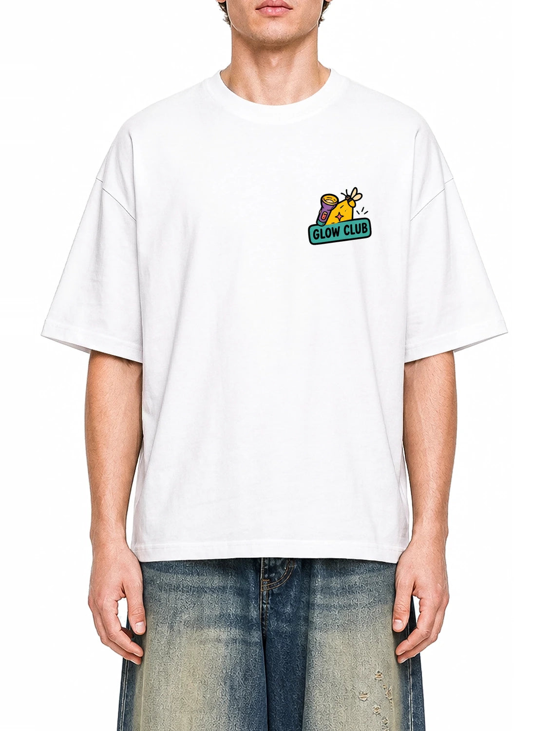 Night Glow Club White graphic T-shirt on model, front view