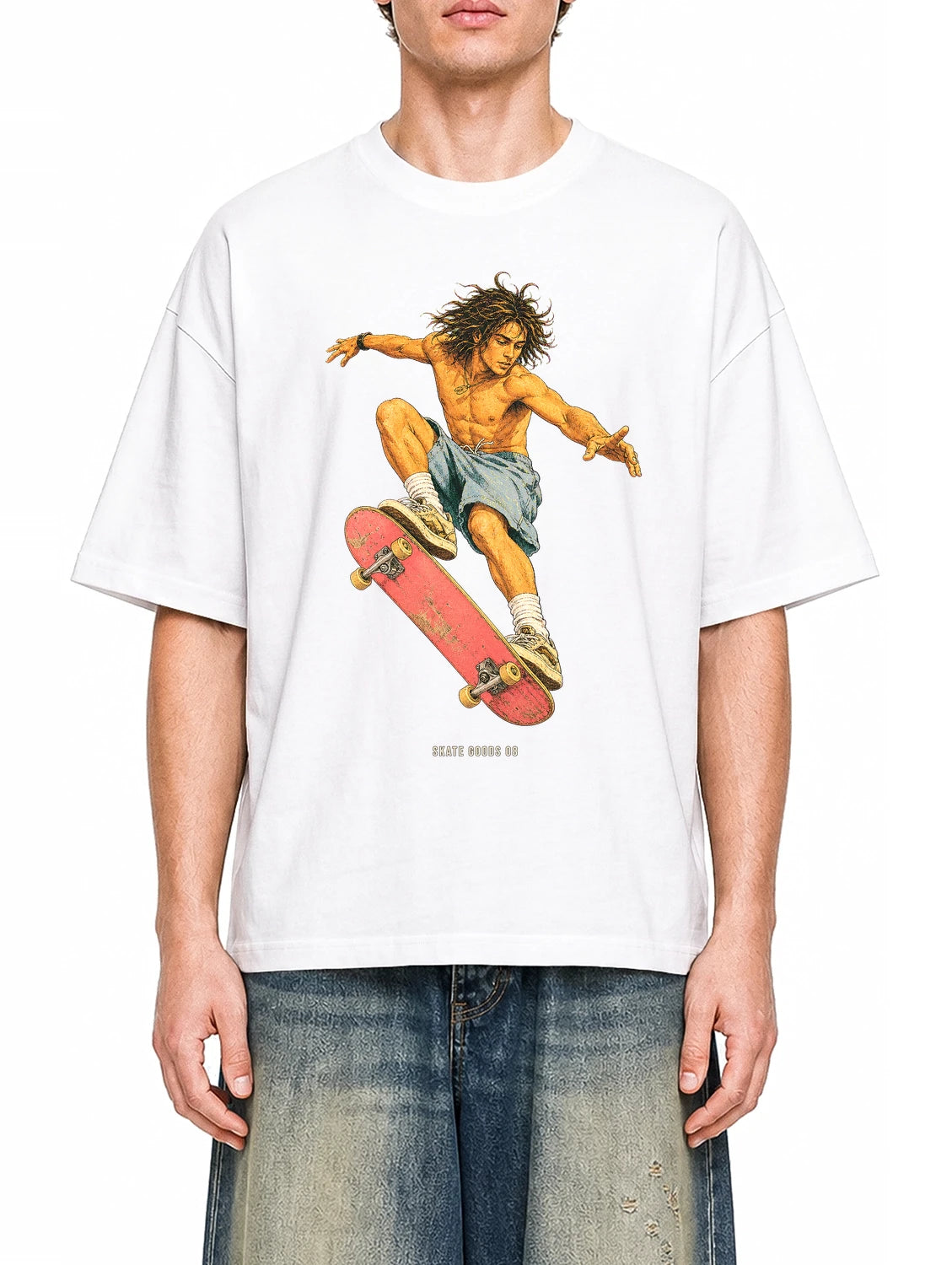 Skate Goods White graphic T-shirt on model, front view