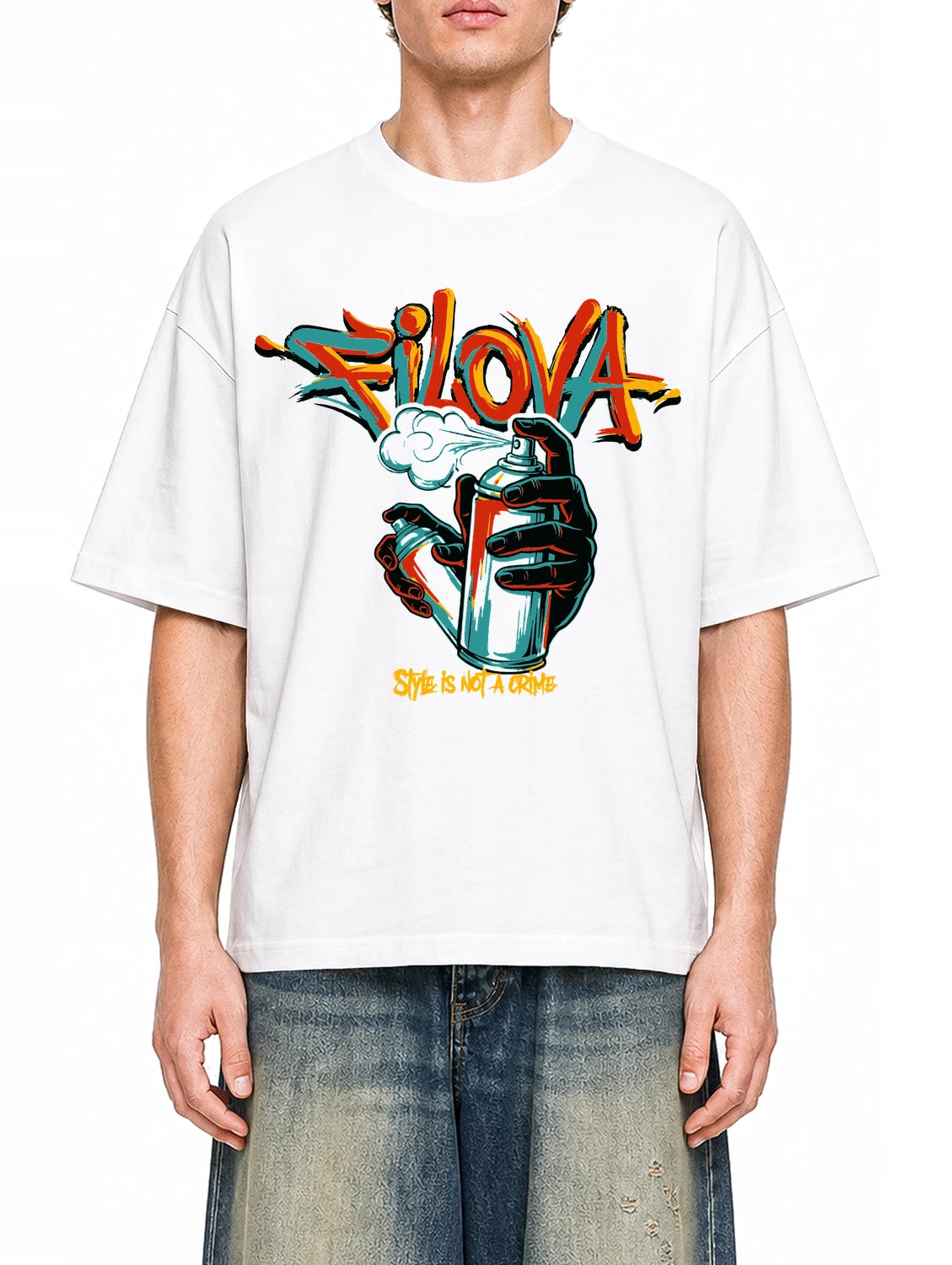 Style Is Not A Crime White graphic T-shirt on model, front view