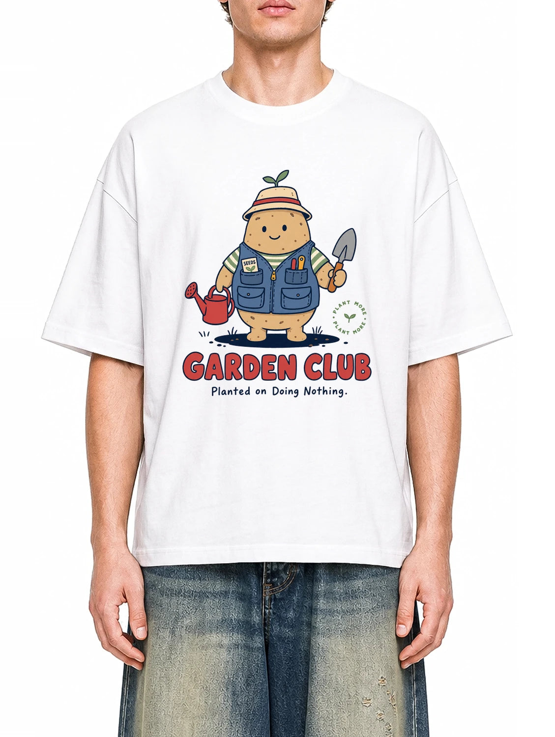 Garden Club White graphic T-shirt on model, front view