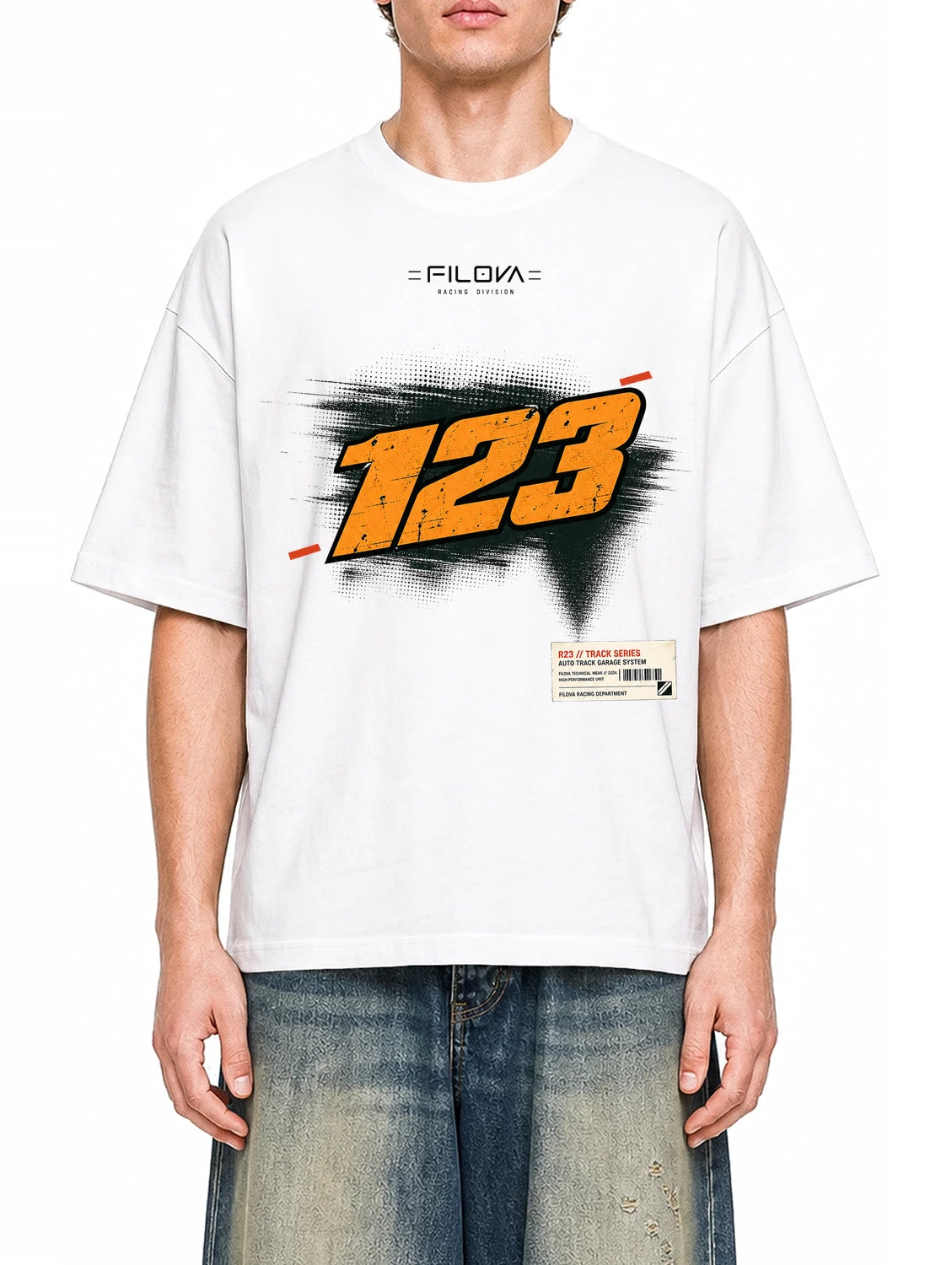 Filova racing 123 White graphic T-shirt on model, front view