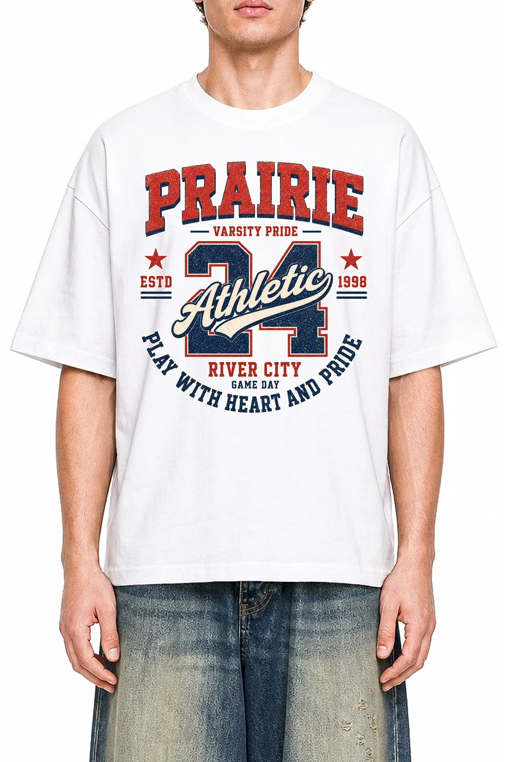 Prairie Athletic White graphic T-shirt on model, front view