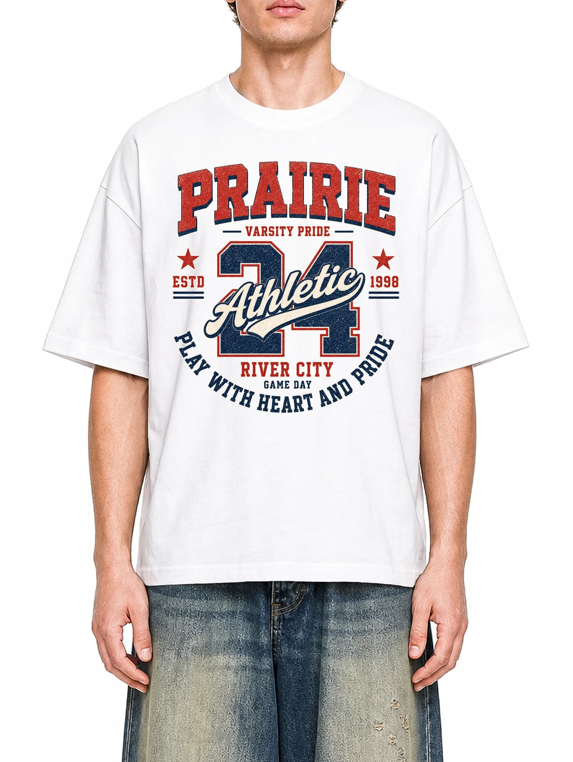 Prairie Athletic White graphic T-shirt on model, front view