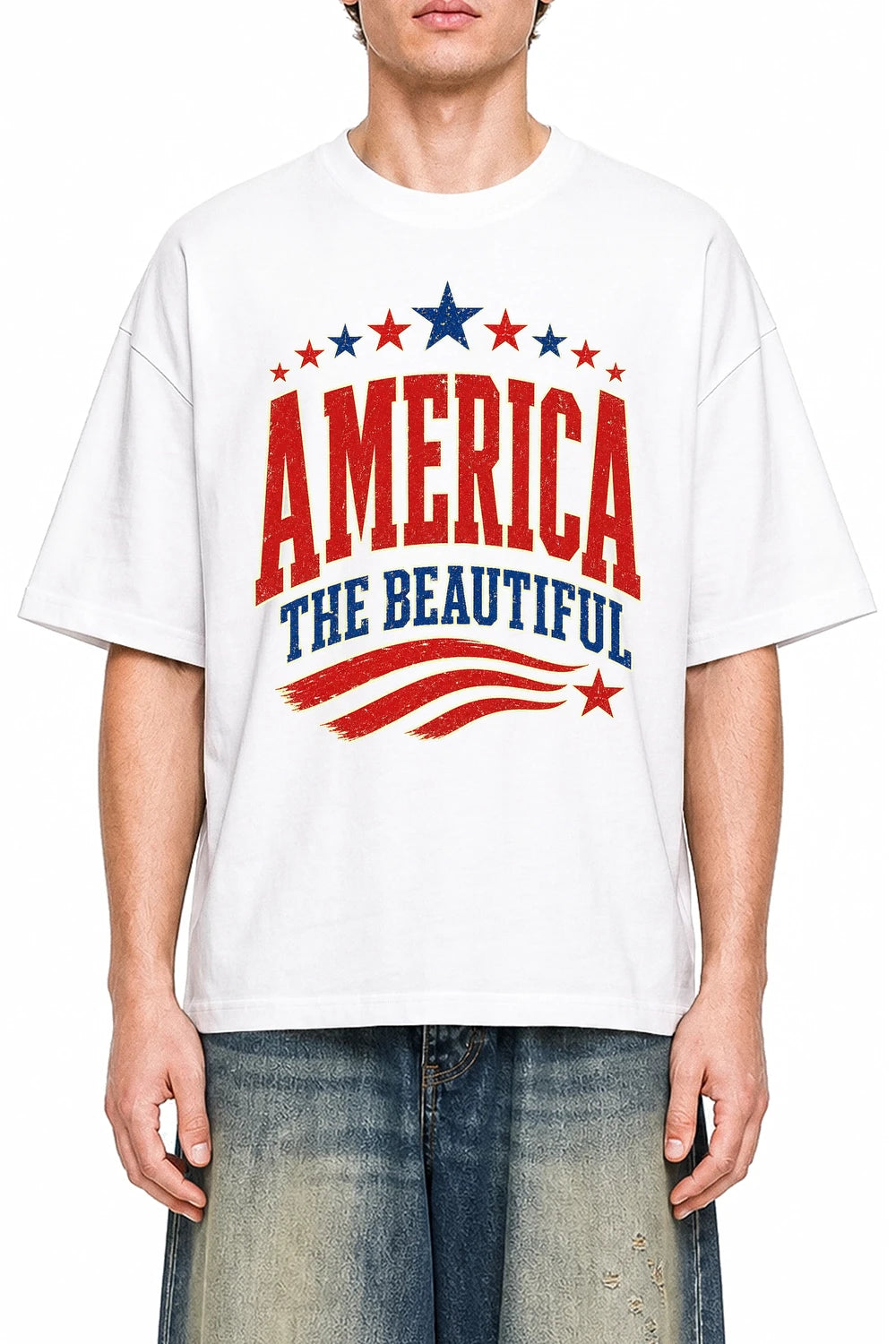 America The Beautiful White graphic T-shirt on model, front view