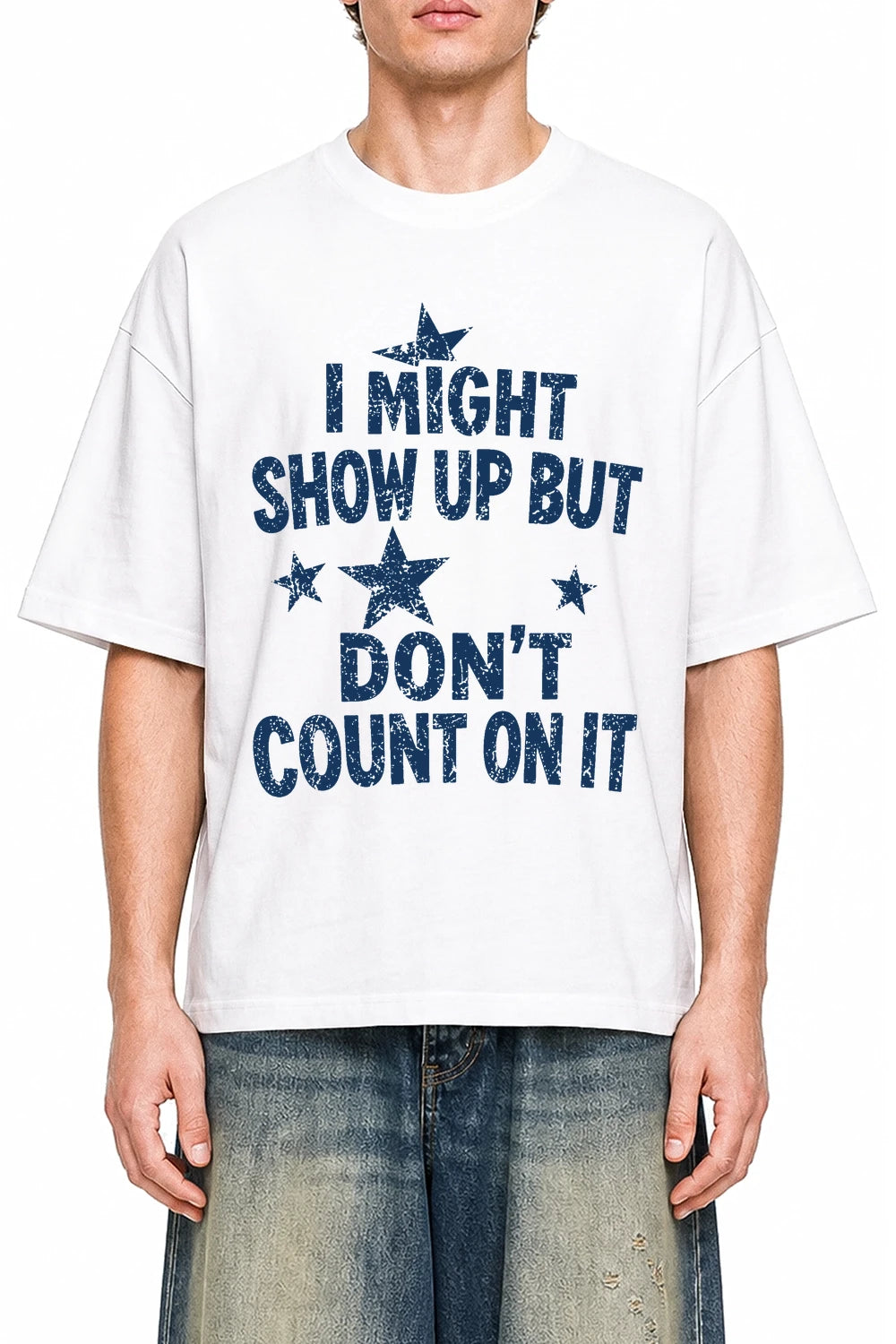 Don't Count On It White graphic T-shirt on model, front view