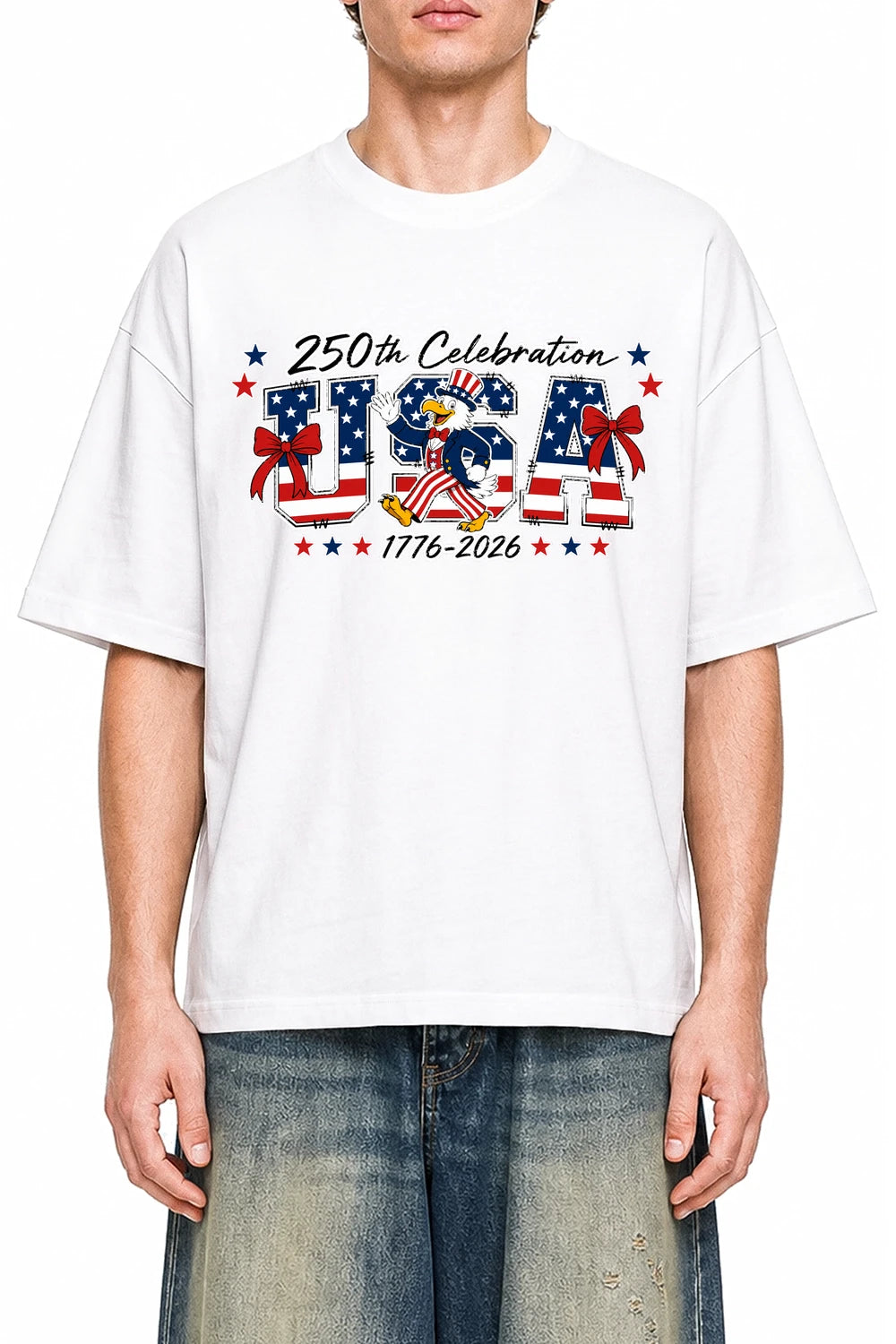 Patriot Parade USA White graphic T-shirt on model, front view