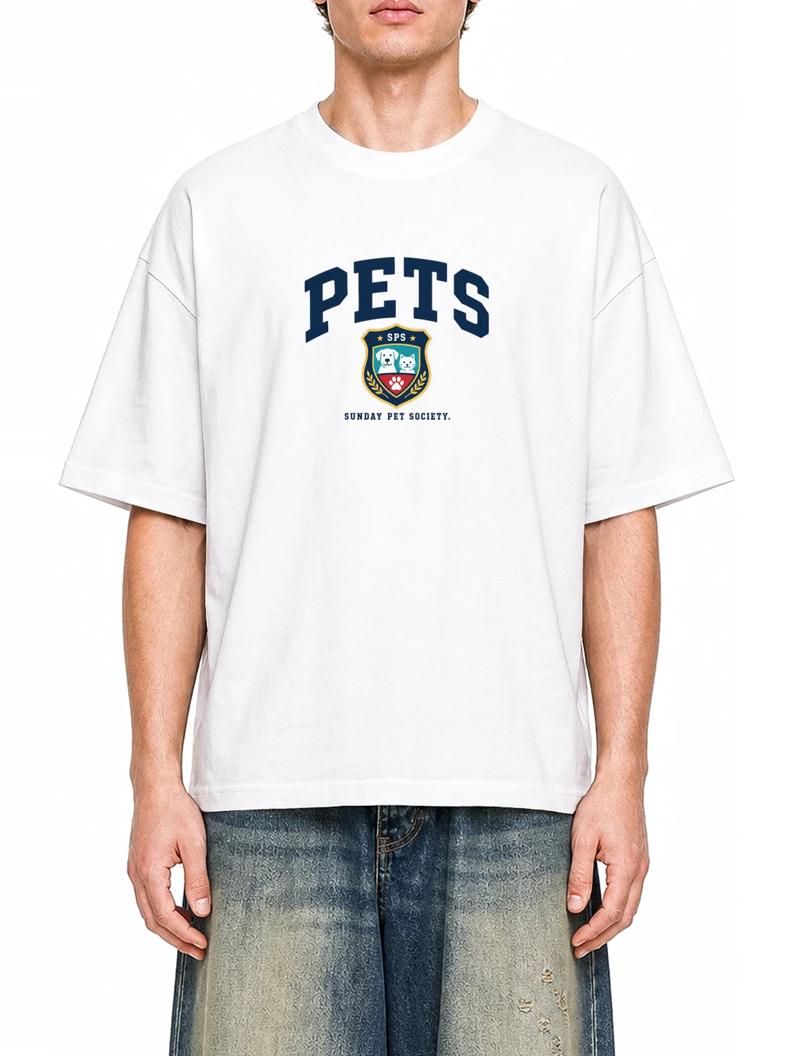 Sunday Pet Society White graphic T-shirt on model, front view
