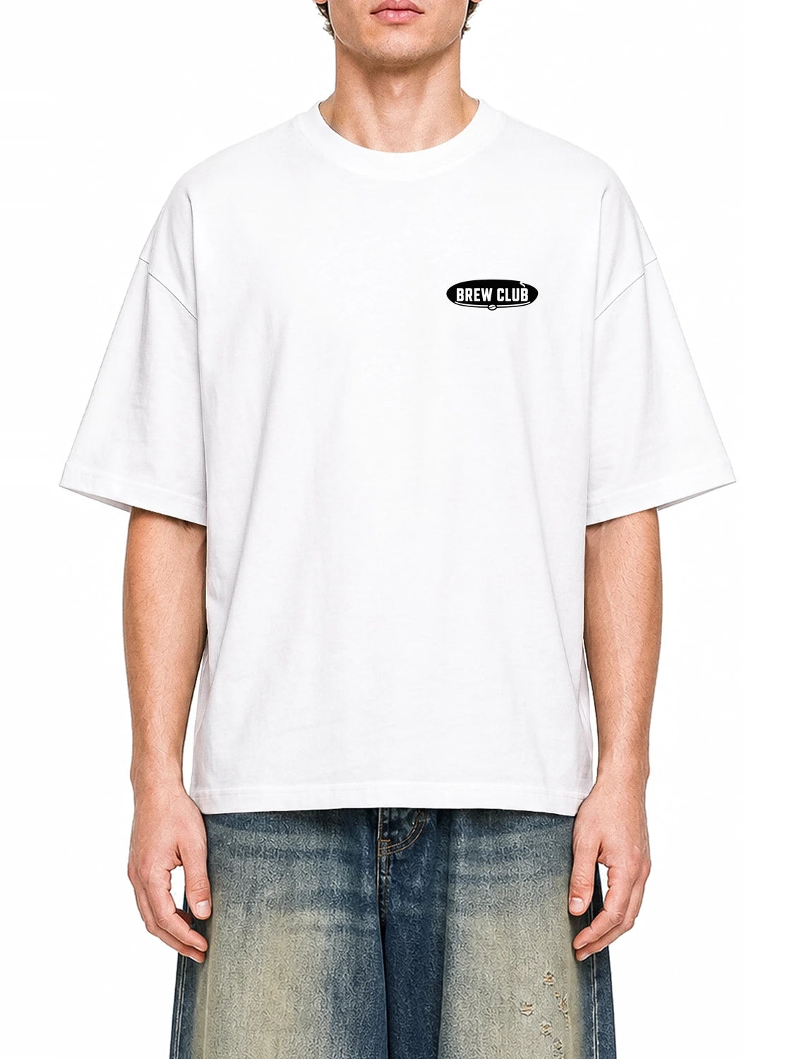 Night Shift Brew Club White graphic T-shirt on model, front view