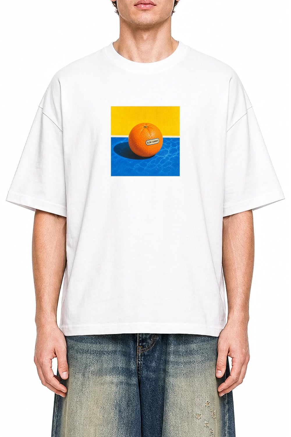 Poolside Orange White graphic T-shirt on model, front view