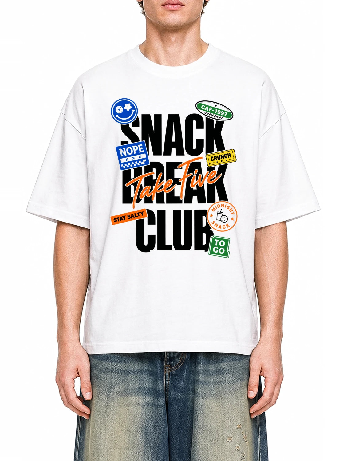 Snack Break Club White graphic T-shirt on model, front view