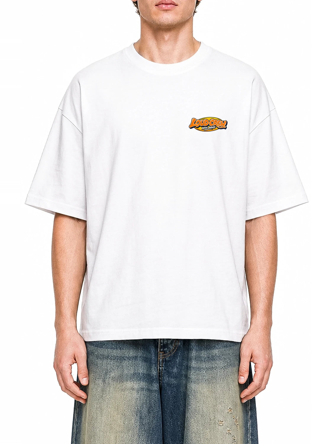 Loud Crew White graphic T-shirt on model, front view
