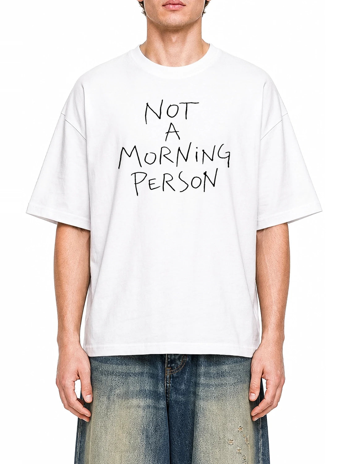 Not A Morning Person White graphic T-shirt on model, front view
