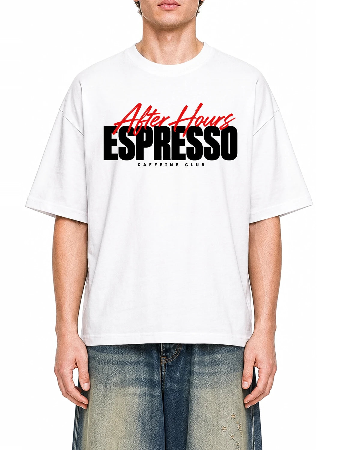 Espresso After Hours White graphic T-shirt on model, front view