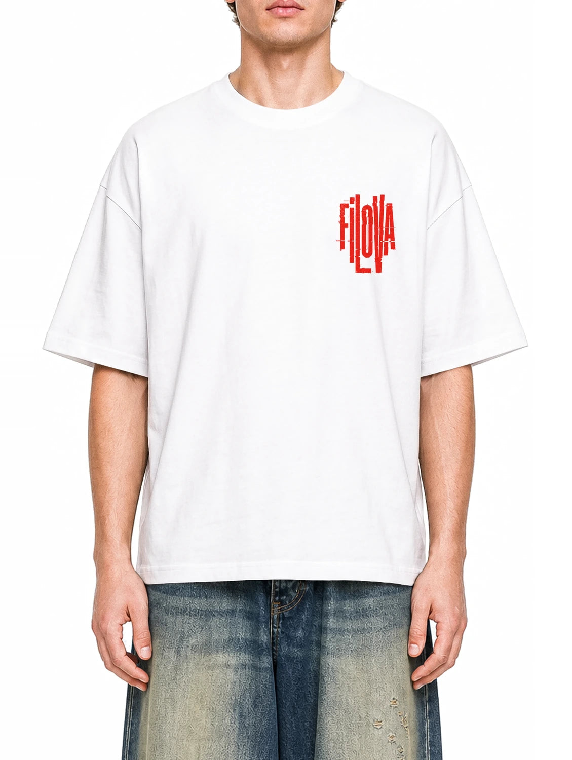 Filova Cyberpunk Red White graphic T-shirt on model, front view