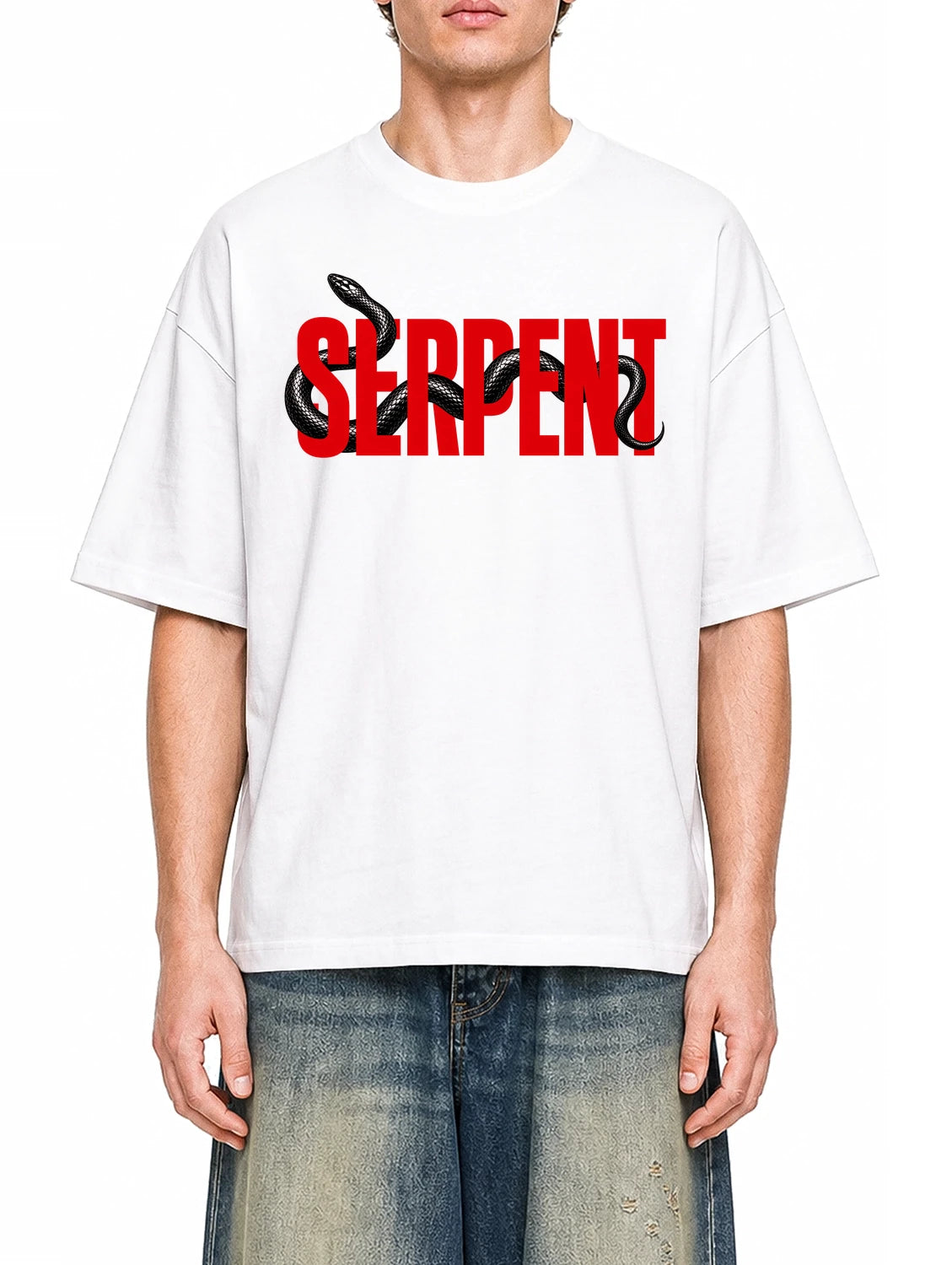 Serpent White graphic T-shirt on model, front view