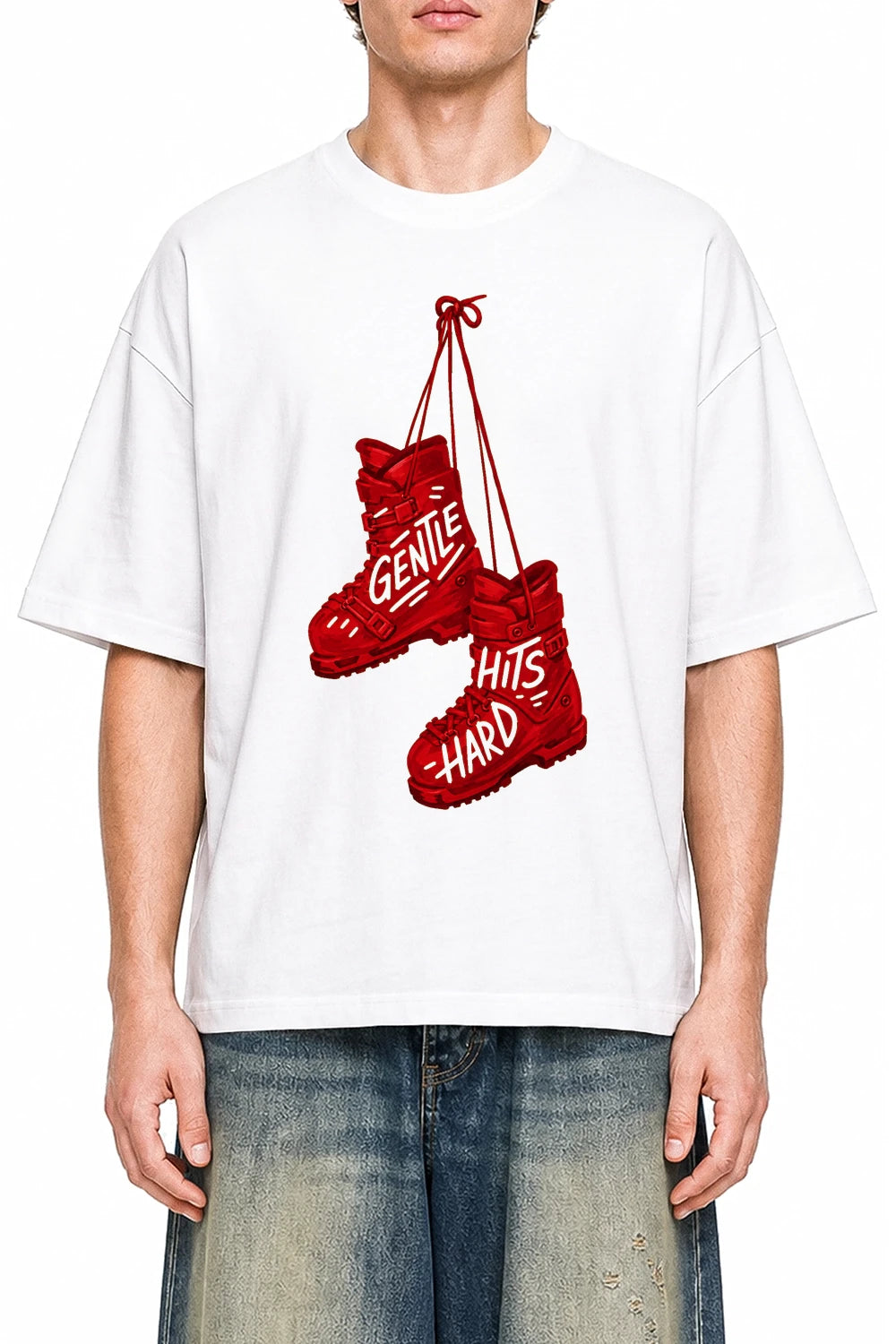 Gentle Hits Hard White graphic T-shirt on model, front view