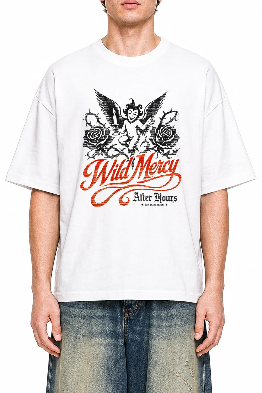 Wild Mercy White graphic T-shirt on model, front view