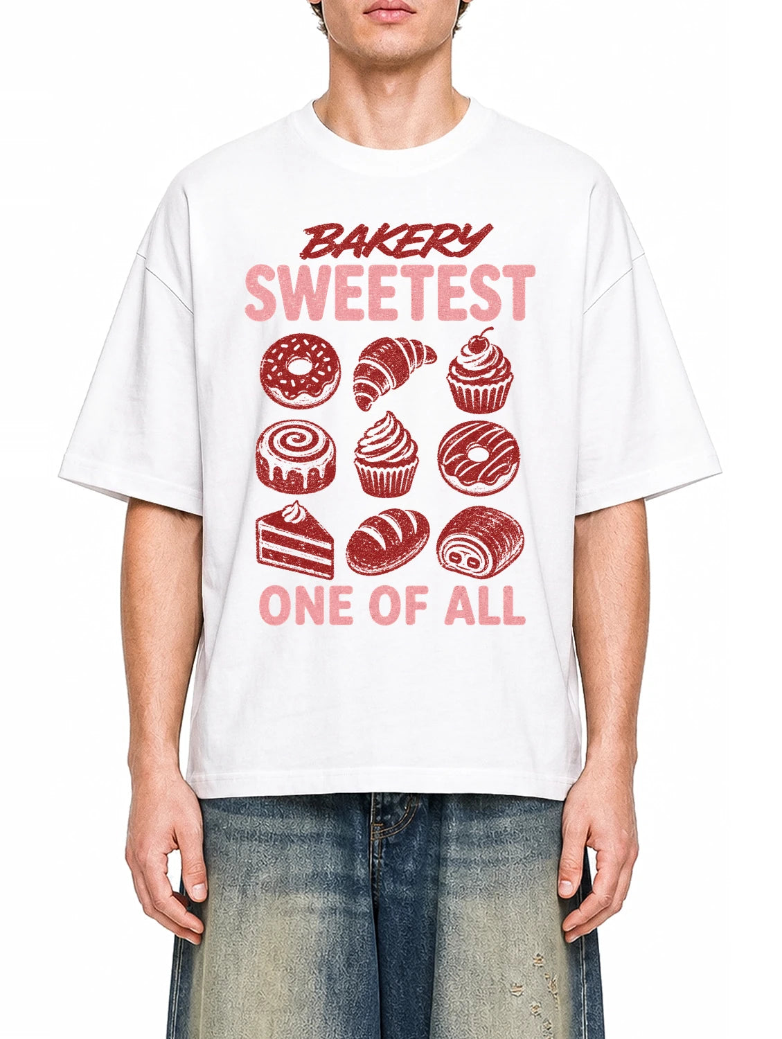 Bakery Sweetest White graphic T-shirt on model, front view