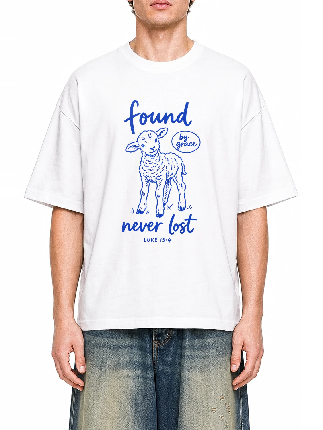 Found By Grace Lamb White graphic T-shirt on model, front view