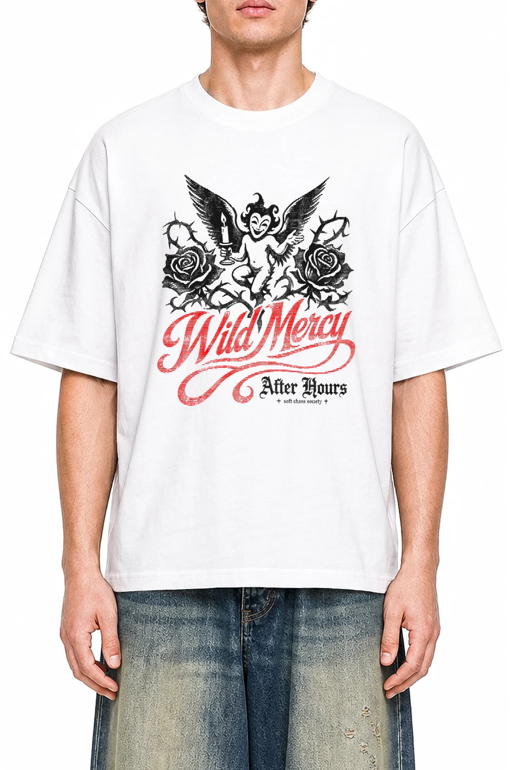 Wild Mercy White graphic T-shirt on model, front view